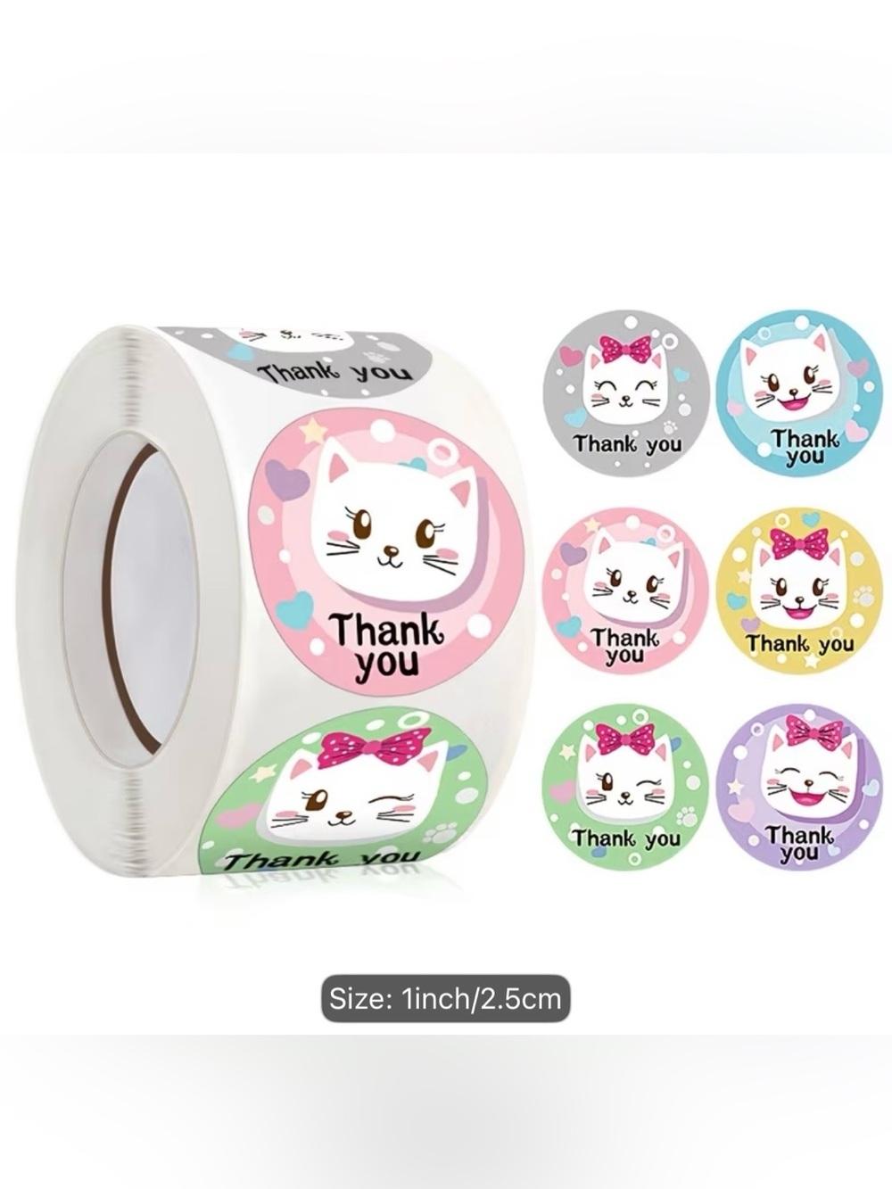 Cute Cat Thank You Sticker Rolls - Assorted Pastel Colors 500 Ct
